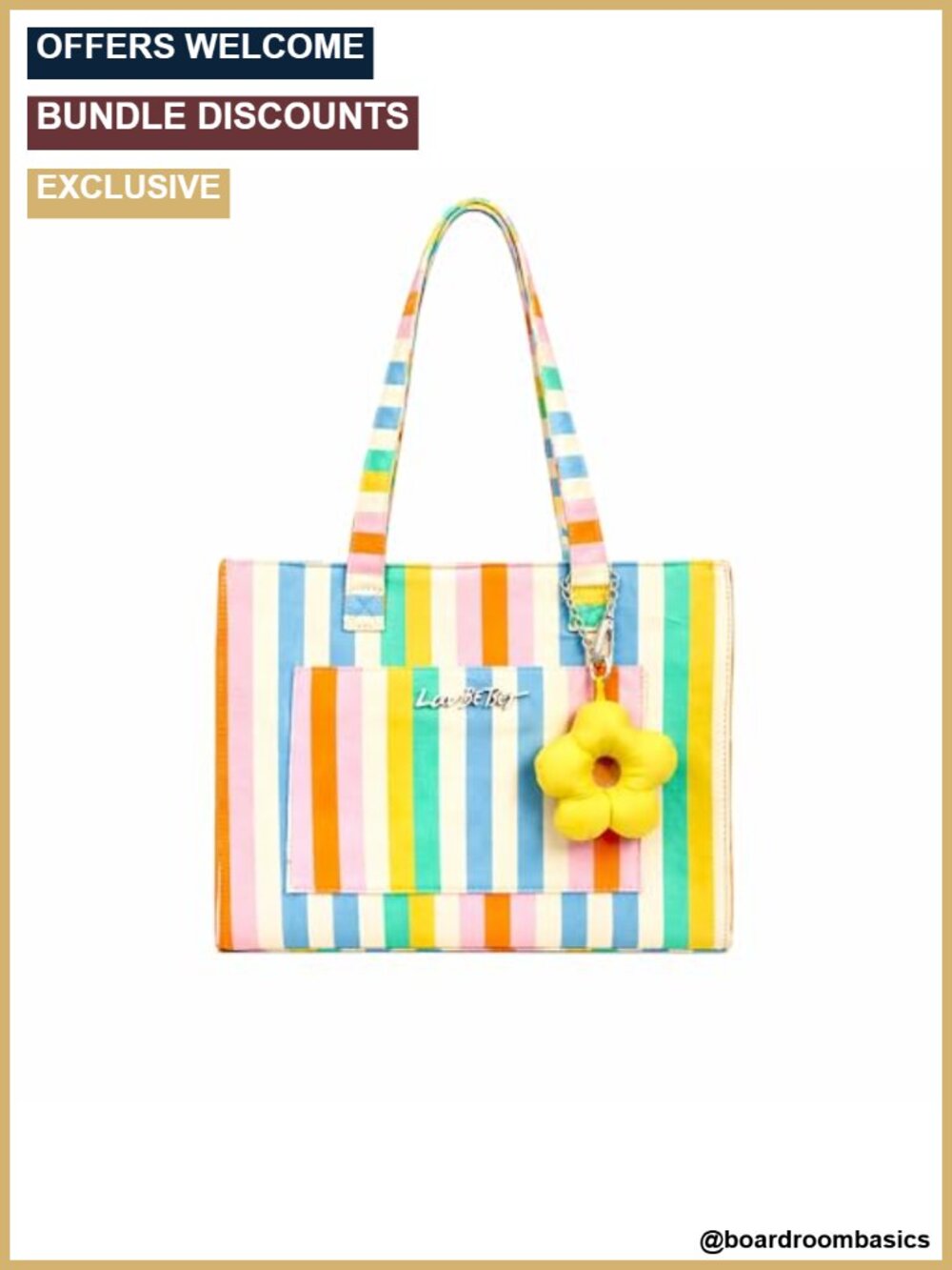 Canvas Striped Tote Bag with Flower Charm, Dual Shoulder Straps, Everyday